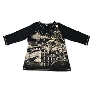 Christopher & Banks Y2K-Style Christmas Top With Parisian Scene, Size Large